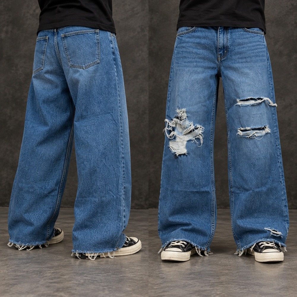 Baggy Wide Leg Blue Distressed H&M Jeans